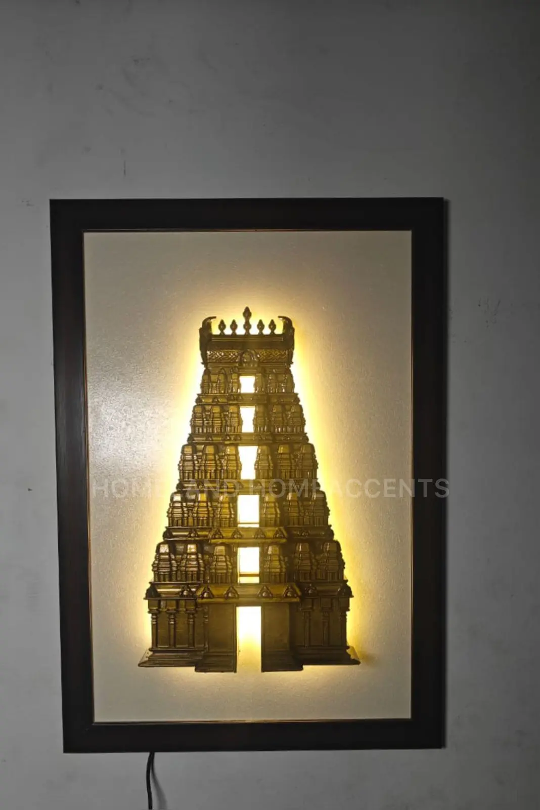 3D Printed South Indian Gopuram Wall Frame with Warm White Lights – Antique Finish