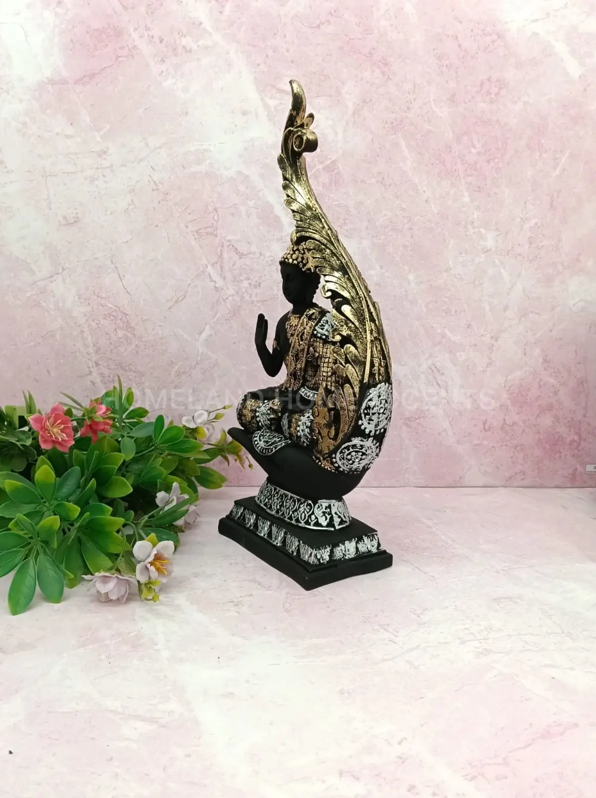 Artistic Black & Gold Buddha Idol with Decorative Back Frame – 15.5 Inch