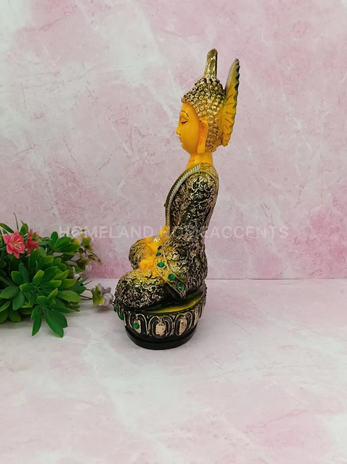 Yellow Meditating Buddha Idol – 15.5 Inch Premium Decorative Statue