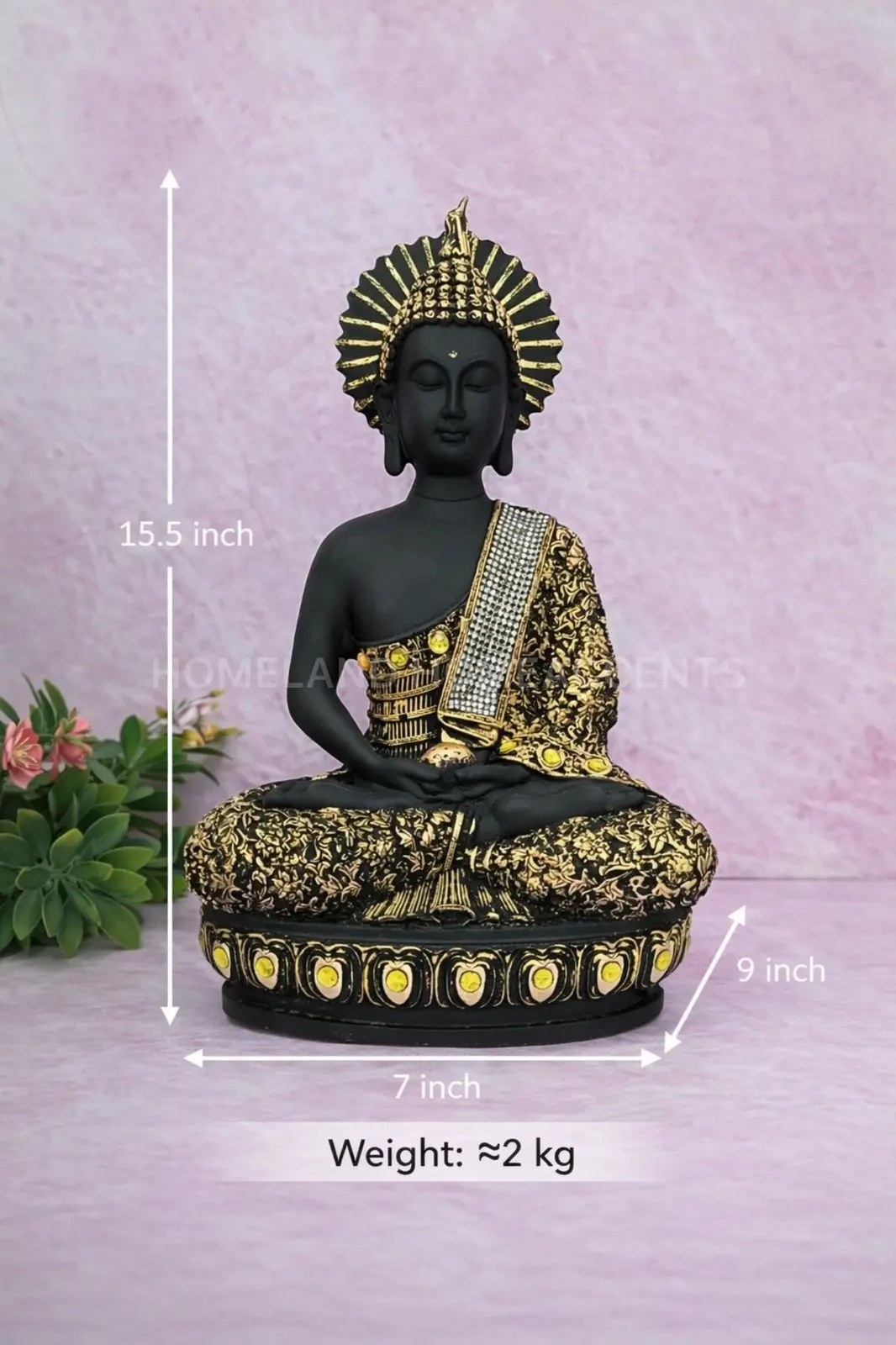 Black & Gold Meditating Buddha Idol – 15.5 Inch Premium Statue