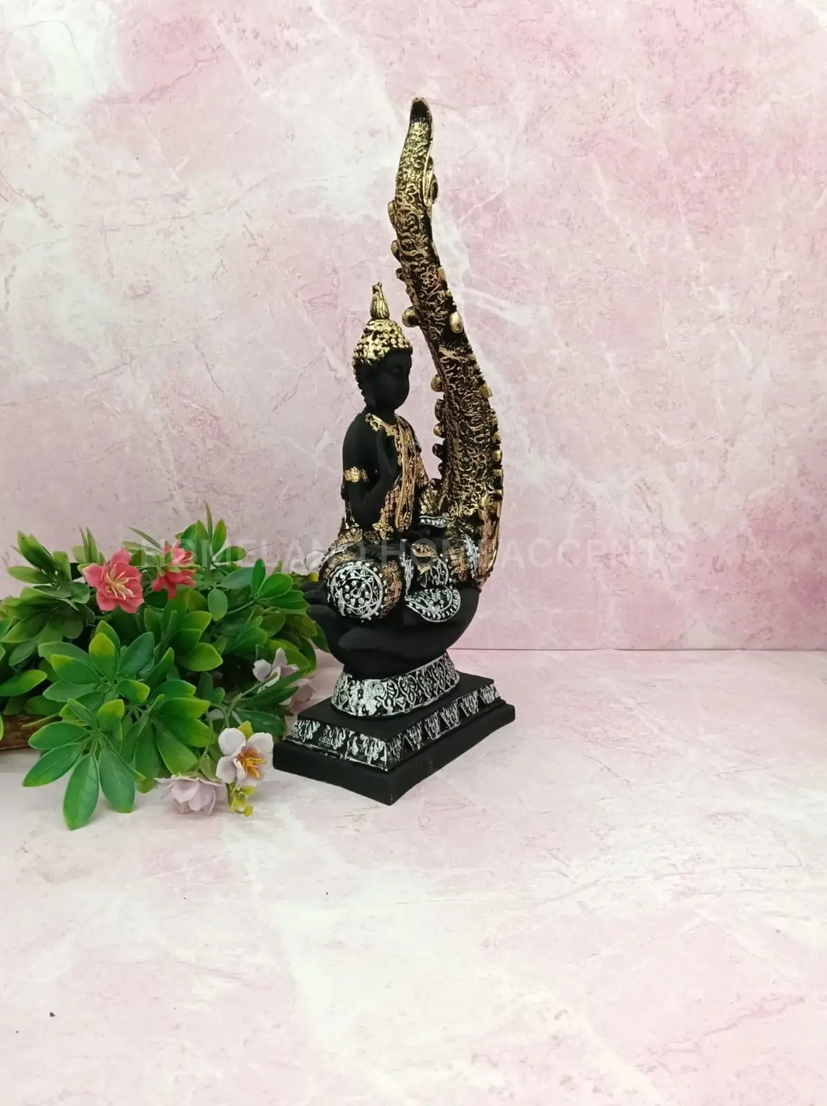 Artistic Black & Gold Buddha Idol with Decorative Back Frame – 15.5 Inch