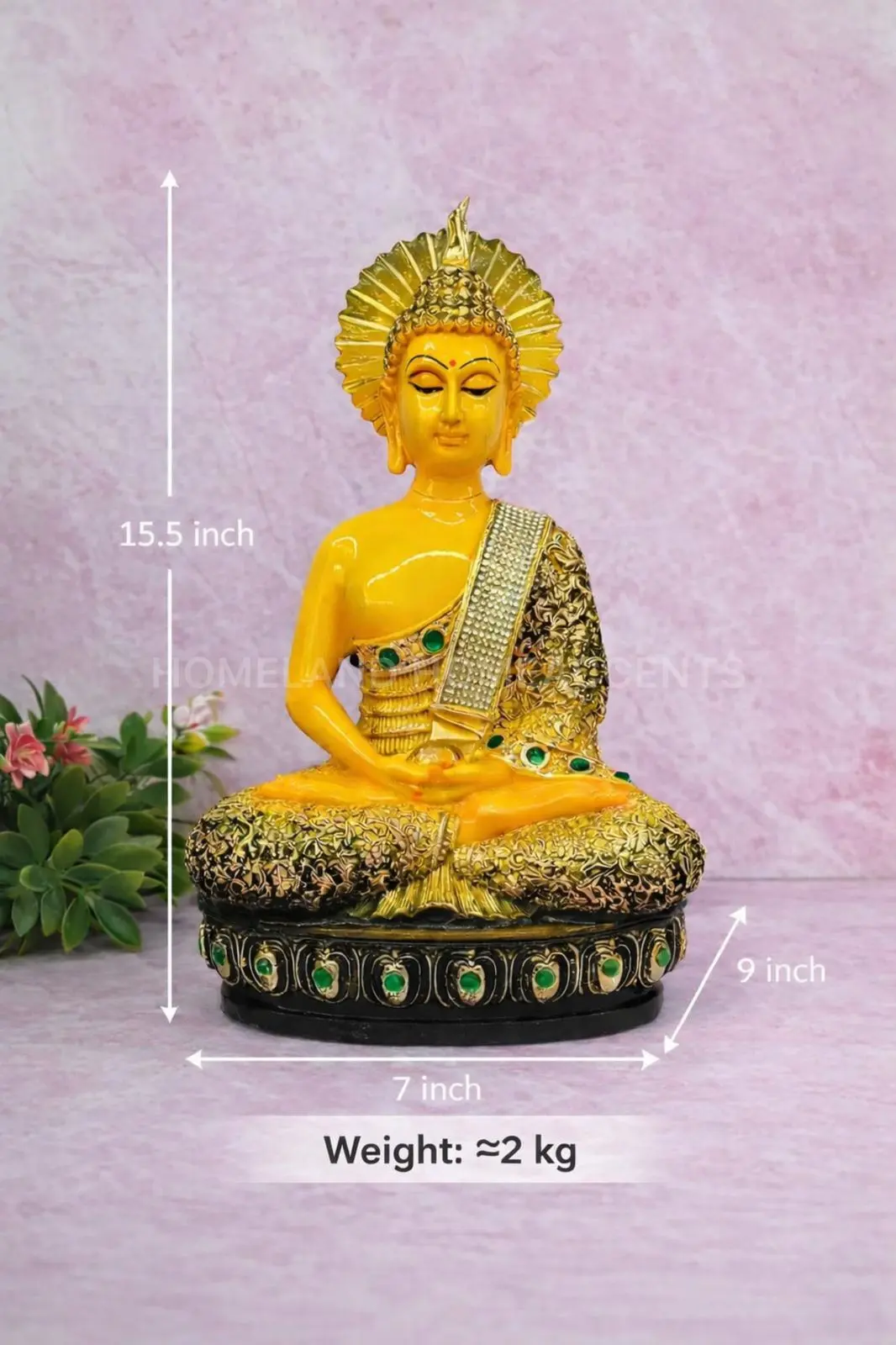 Yellow Meditating Buddha Idol – 15.5 Inch Premium Decorative Statue