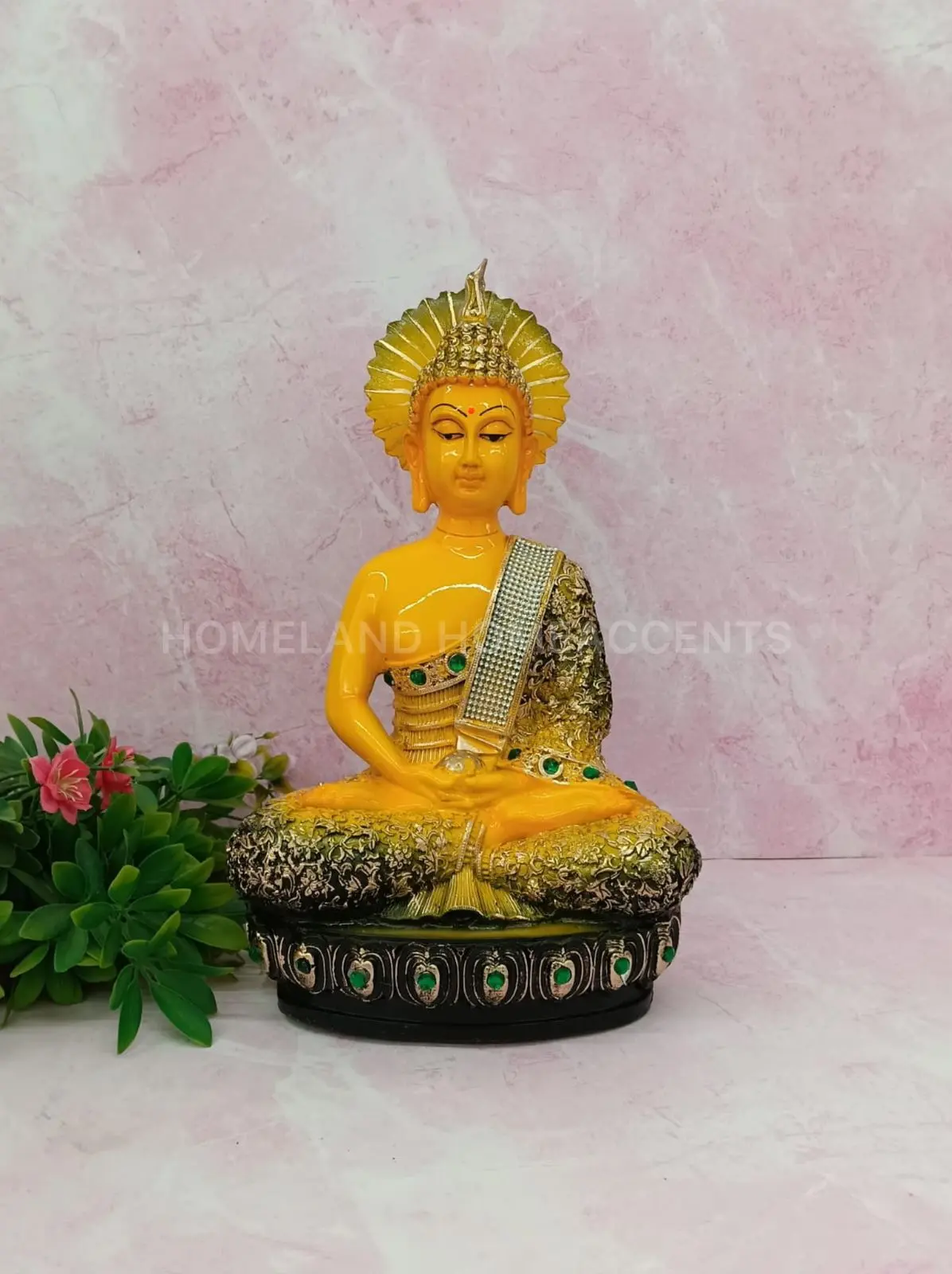 Yellow Meditating Buddha Idol – 15.5 Inch Premium Decorative Statue