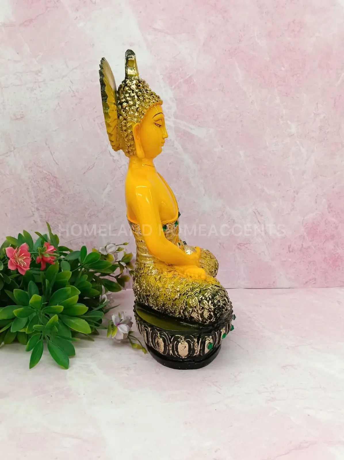 Yellow Meditating Buddha Idol – 15.5 Inch Premium Decorative Statue