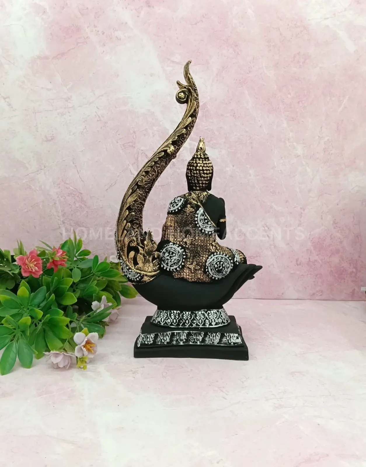 Artistic Black & Gold Buddha Idol with Decorative Back Frame – 15.5 Inch