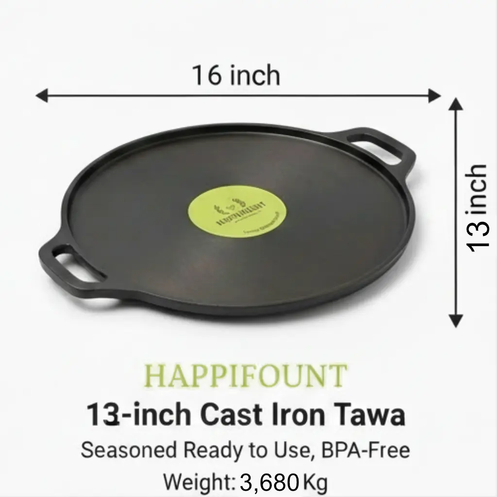 Premium 13 Inch Cast Iron Dosa Tawa – Pre-Seasoned | Double handle|Heavy Duty Cast Iron Dosa Pan | Happifount Kitchenware (சிறந்த தோசைக்கல் - Best Dosa Tawa )