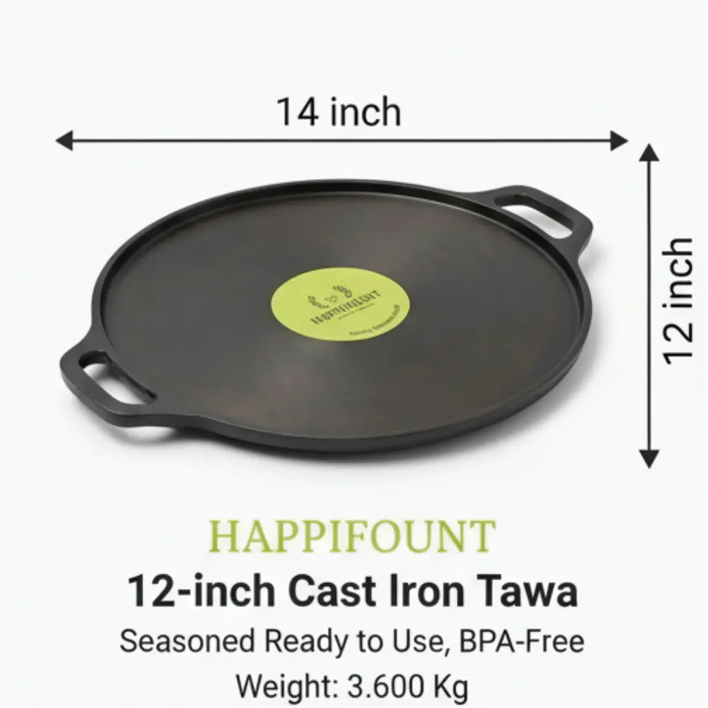 Premium 12 Inch Cast Iron Dosa Tawa – Oval shape - Pre-Seasoned | Double handle| Heavy Duty Cast Iron Dosa Pan | Happifount Kitchenware (சிறந்த தோசைக்கல் - Best Dosa Tawa )