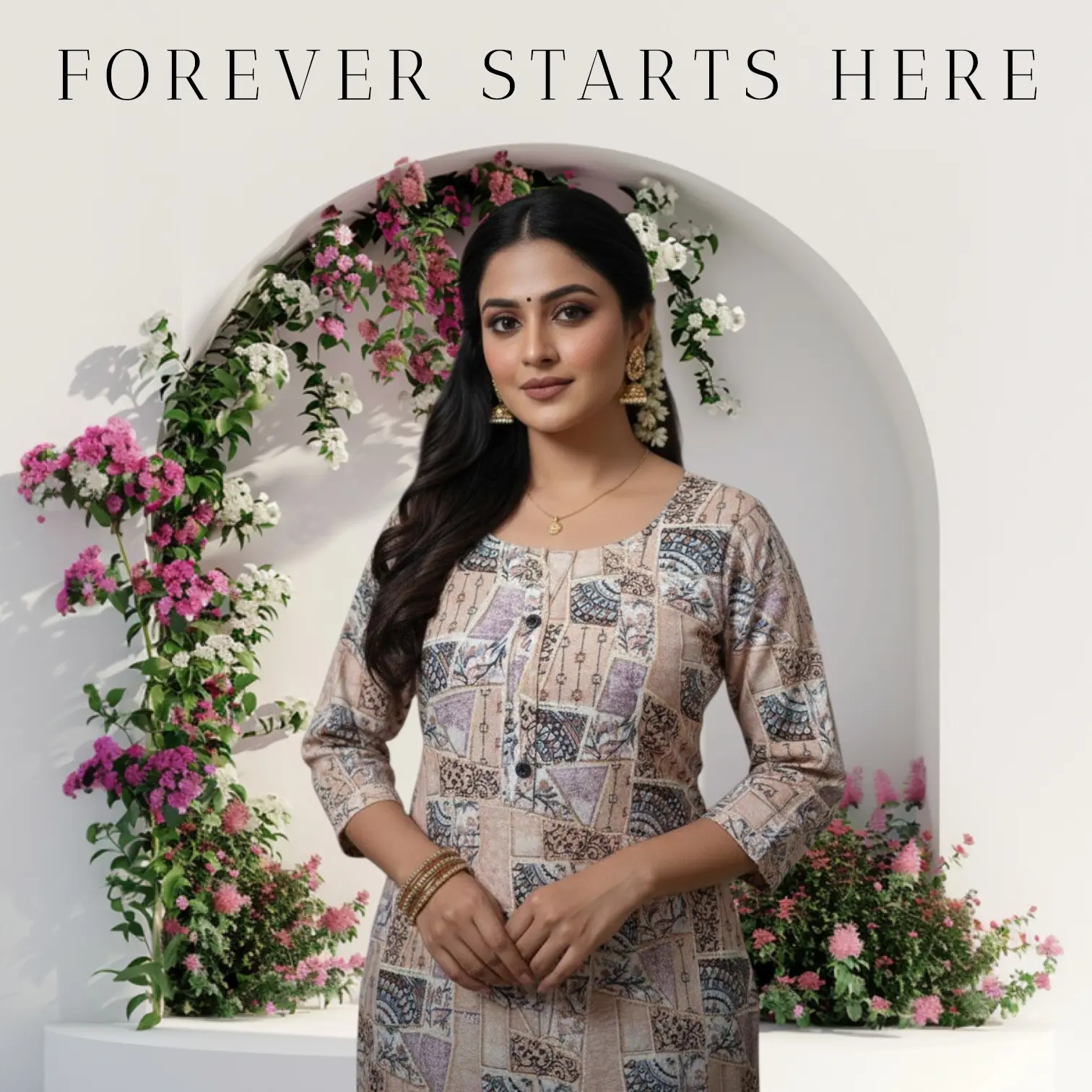 Peach Beige Printed Kurti – Liva Fabric with Artistic Block Motifs