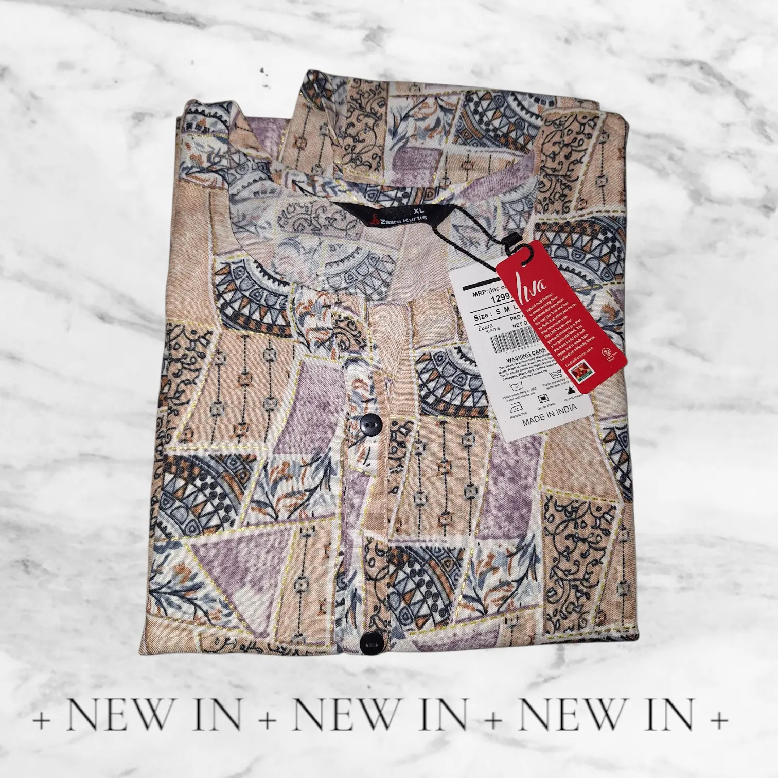 Peach Beige Printed Kurti – Liva Fabric with Artistic Block Motifs