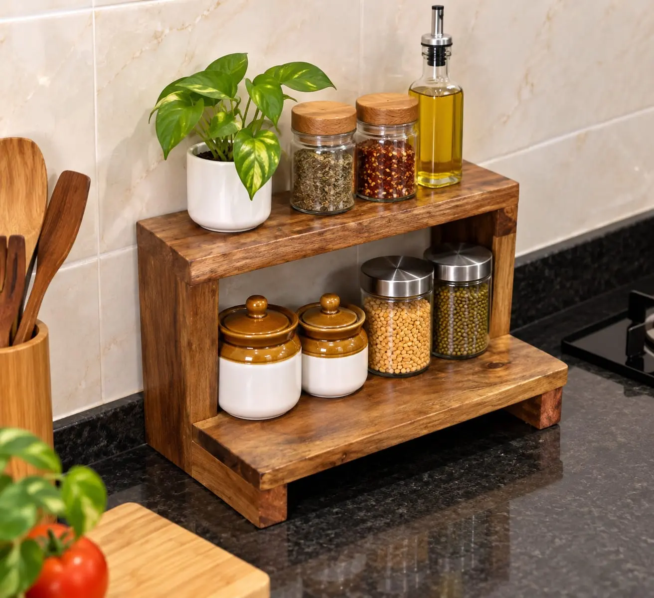Handcrafted Two-Tier Wooden Kitchen Organizer