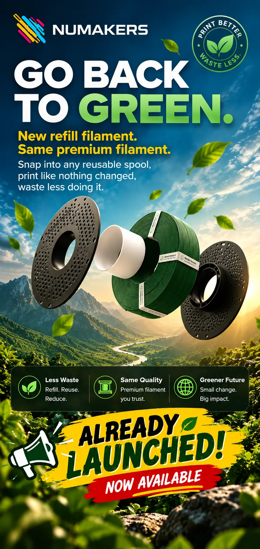 Numakers refill filament spools on a green landscape background