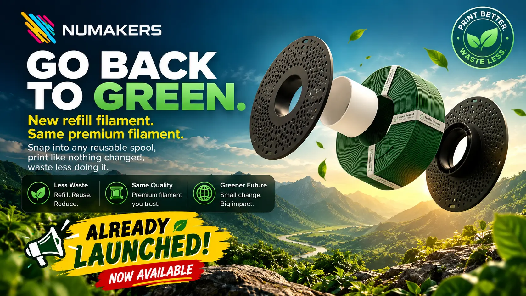 Numakers refill filament spools on a green landscape background